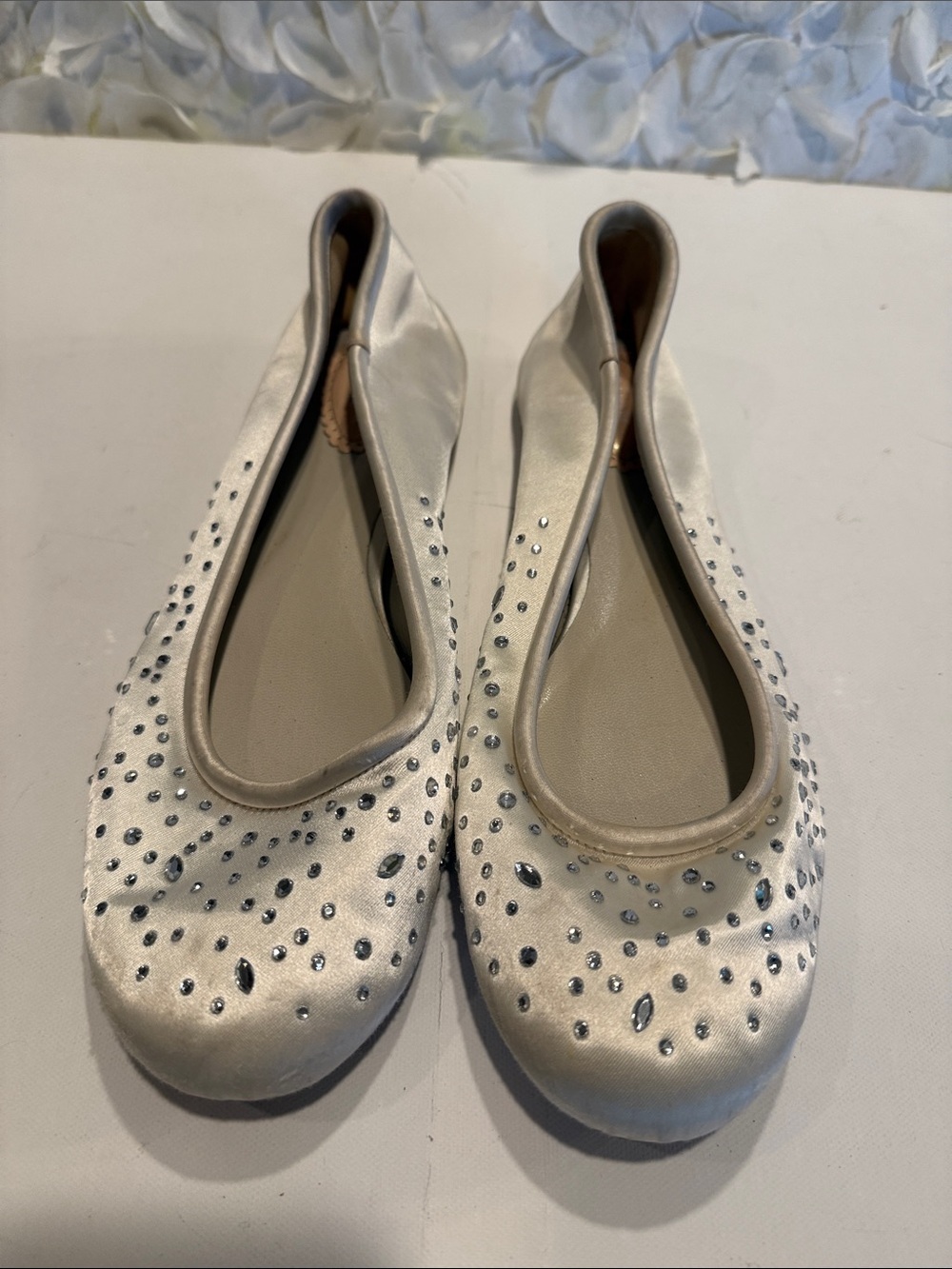 pink paradox London Ivory Satin Ballet Flats with Crystal Embellishments